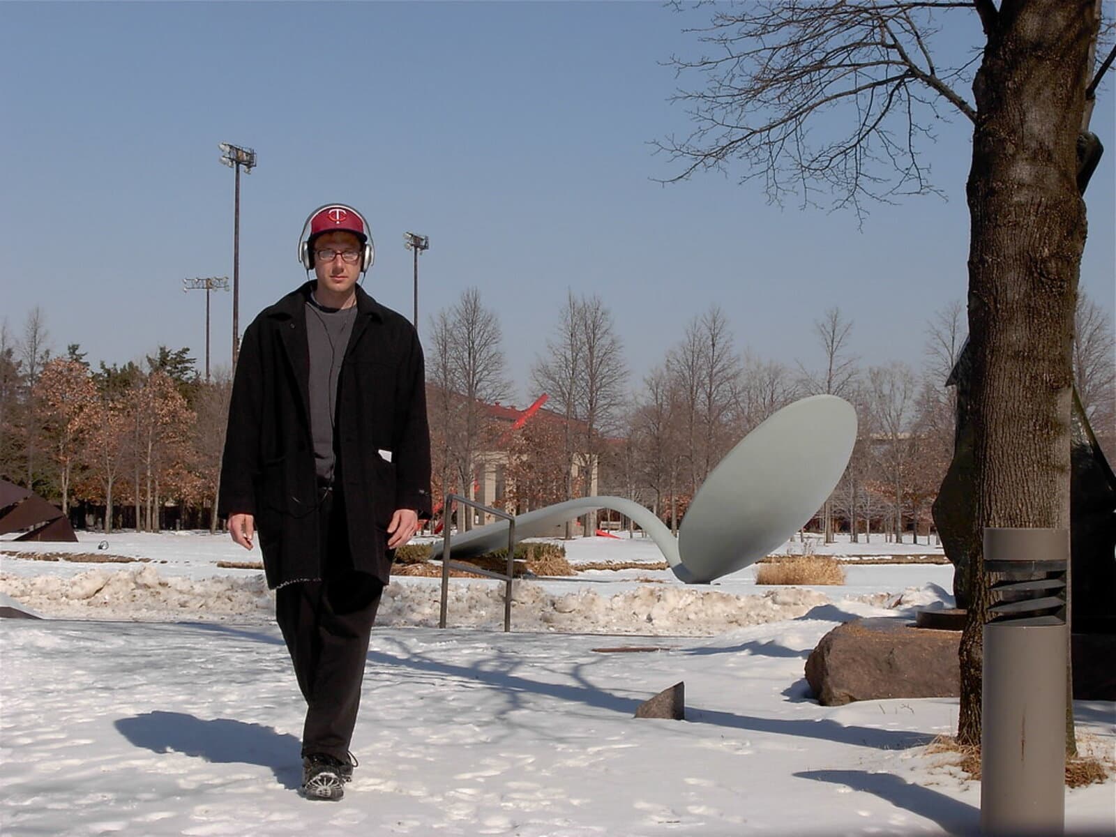 The Spoonbridge and Cherry sculpture in the snow at the Minneapolis Sculpture Garden