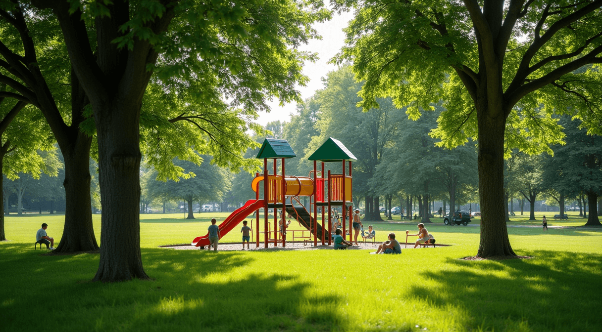 A neighborhood park playground and open green space on a summer afternoon