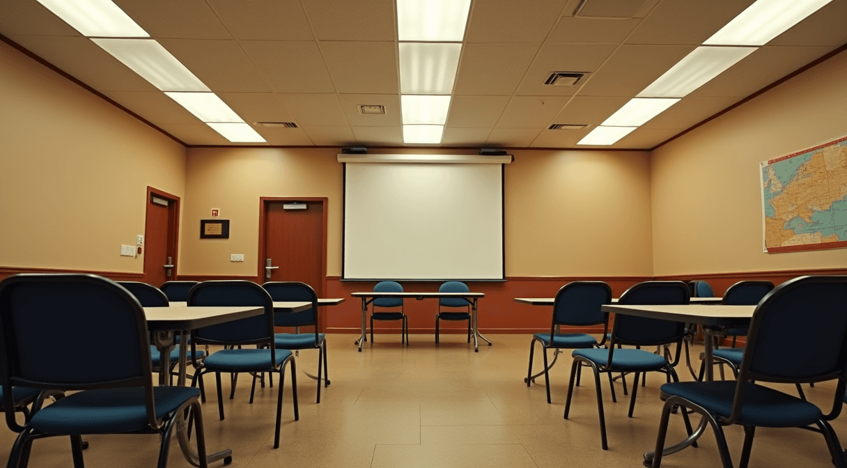 A community center meeting room set up for a neighborhood association gathering