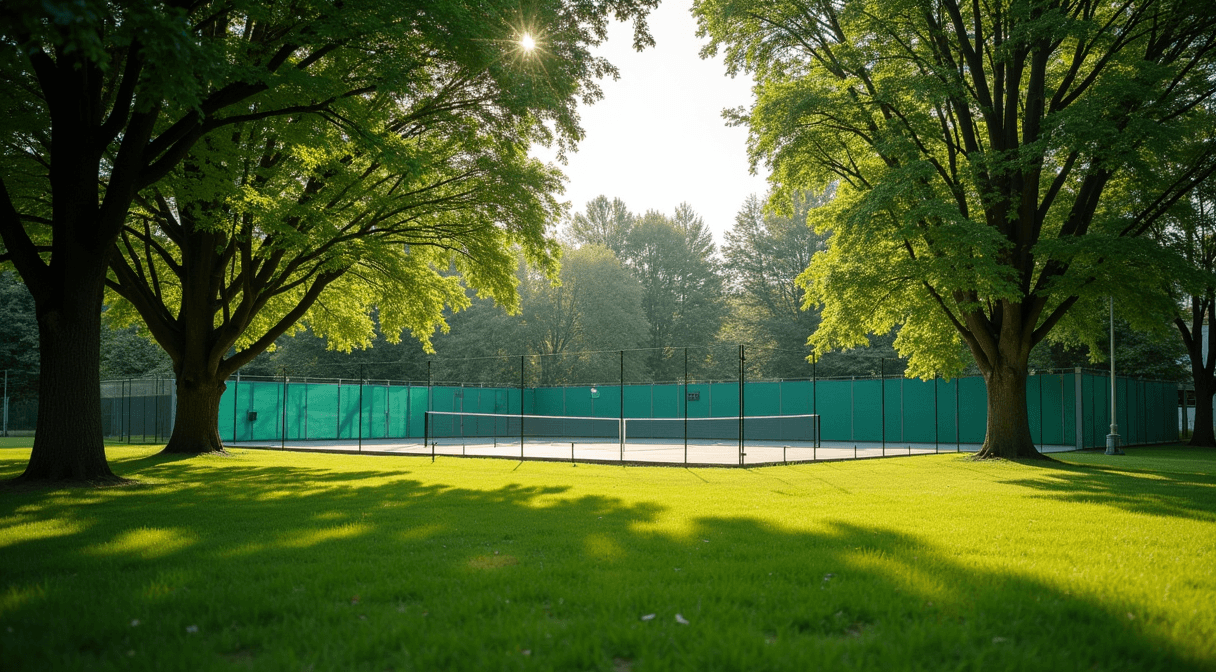 A neighborhood park with mature trees, open lawn and a tennis court