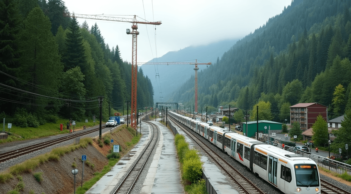 A light rail station platform under construction near a wooded trail