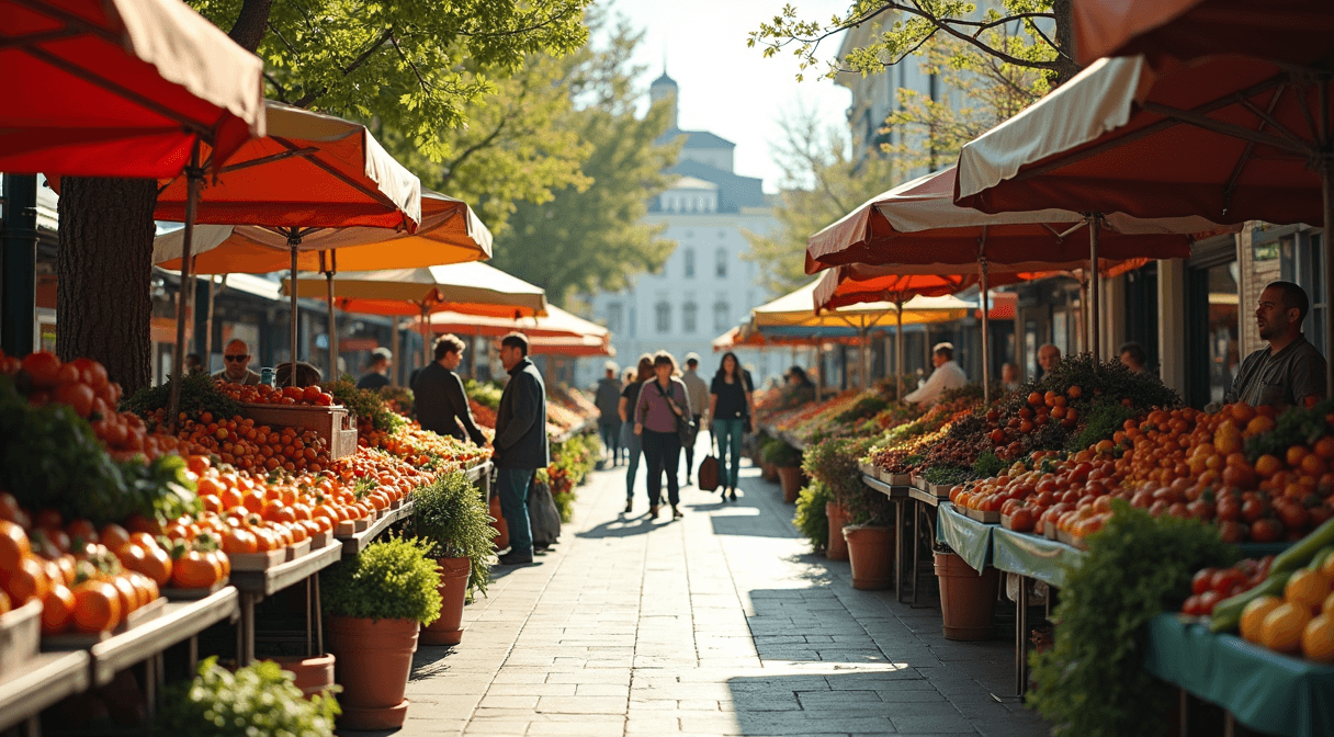 Vendor stalls of fresh produce at an outdoor farmers market