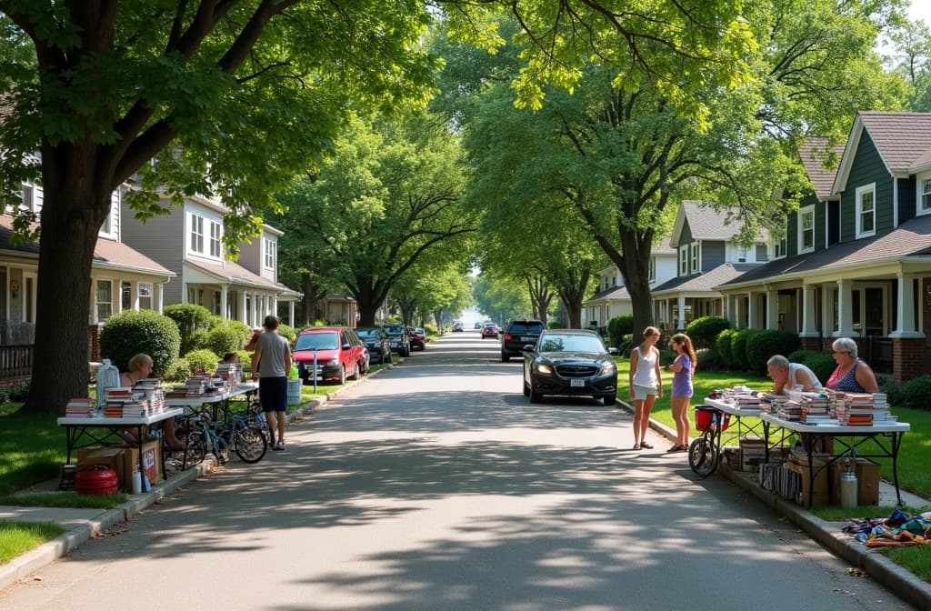 Neighbors browse driveway and curbside tables of secondhand books, bikes and household goods during a coordinated summer yard sale on a tree-lined Minneapolis street