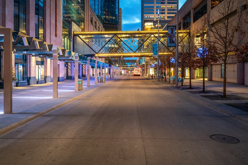 A Minneapolis street scene along a busy transit corridor