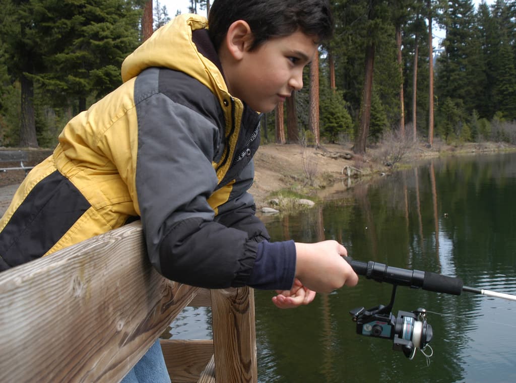 A child fishing from a lakeside dock
