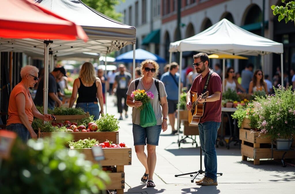 An outdoor farmers market with produce stands in Uptown Minneapolis