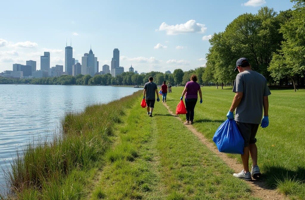 Volunteers clearing litter along the Lake of the Isles shoreline path
