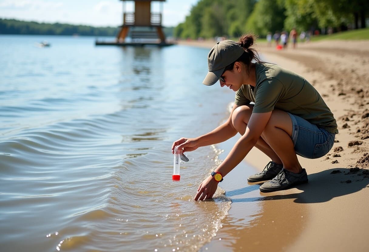 A park worker taking a water-quality sample at a Minneapolis lake beach