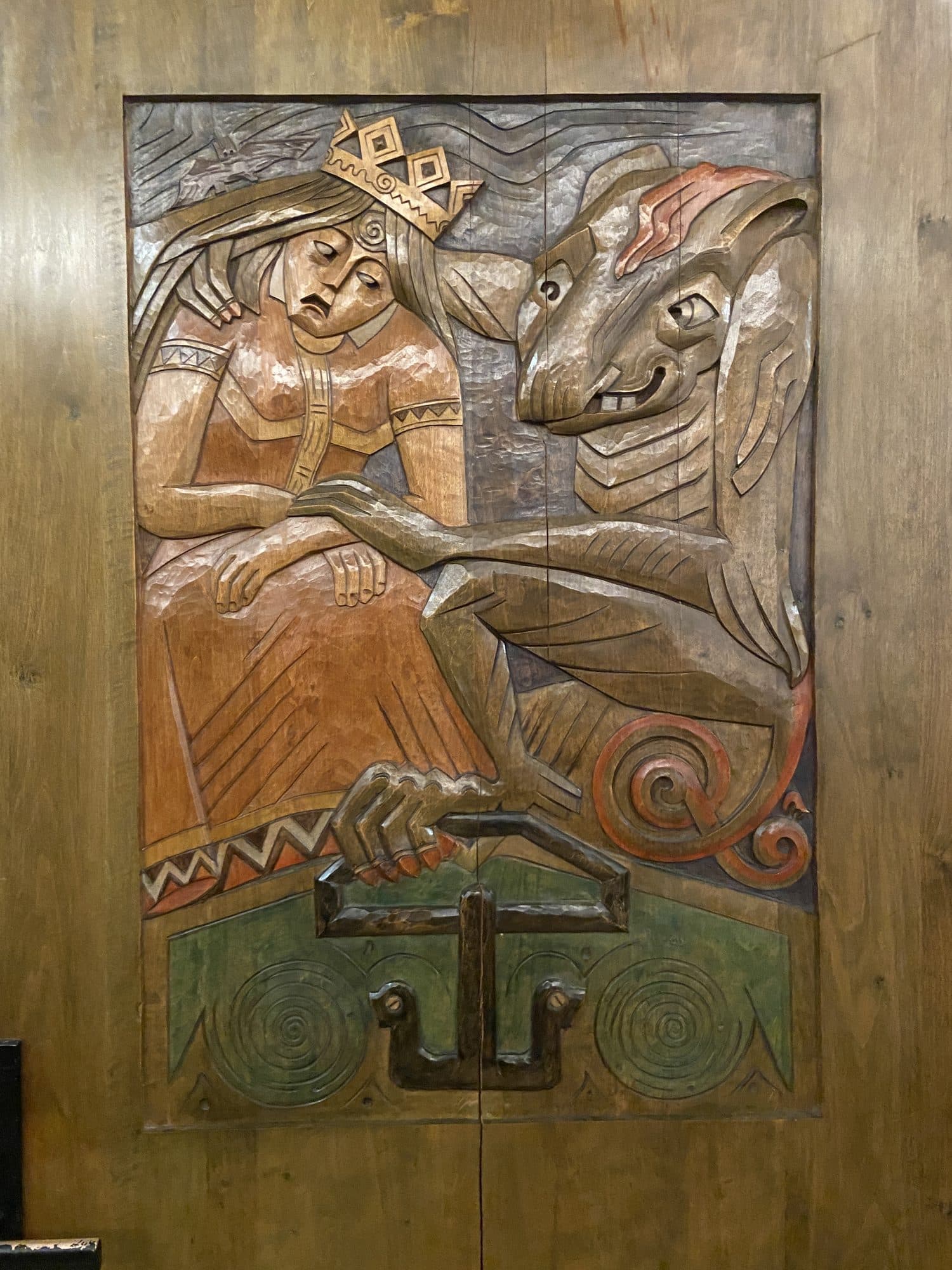 Wood carving in the Norse Saga Room, American Swedish Institute, Minneapolis, Minnesota