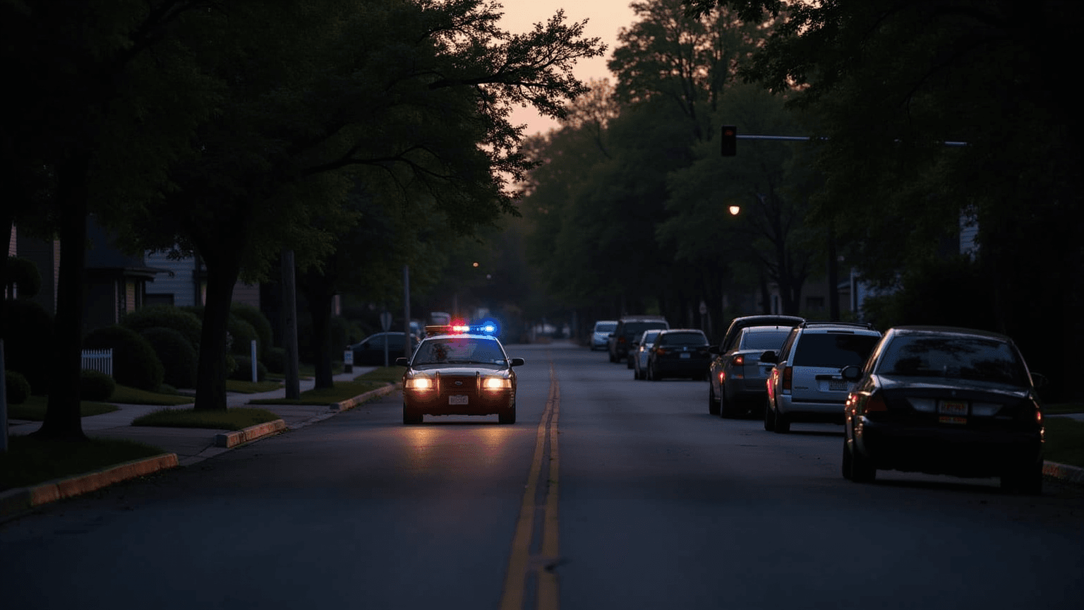 East Isles residential street at dusk with a police car (AI illustration)