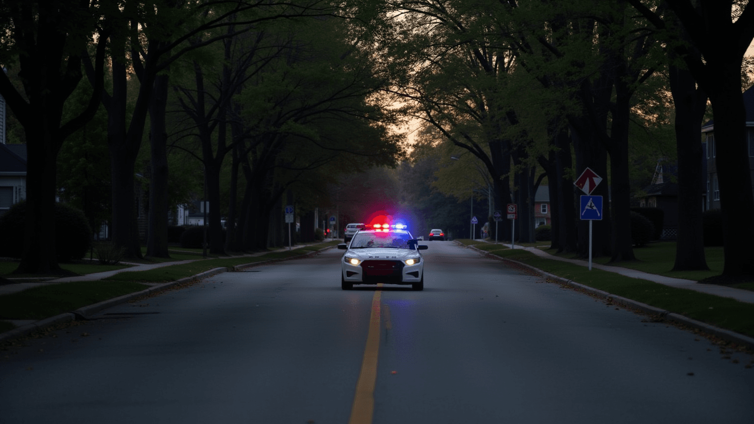 Lowry Hill residential street at dusk with a police squad car (AI illustration)