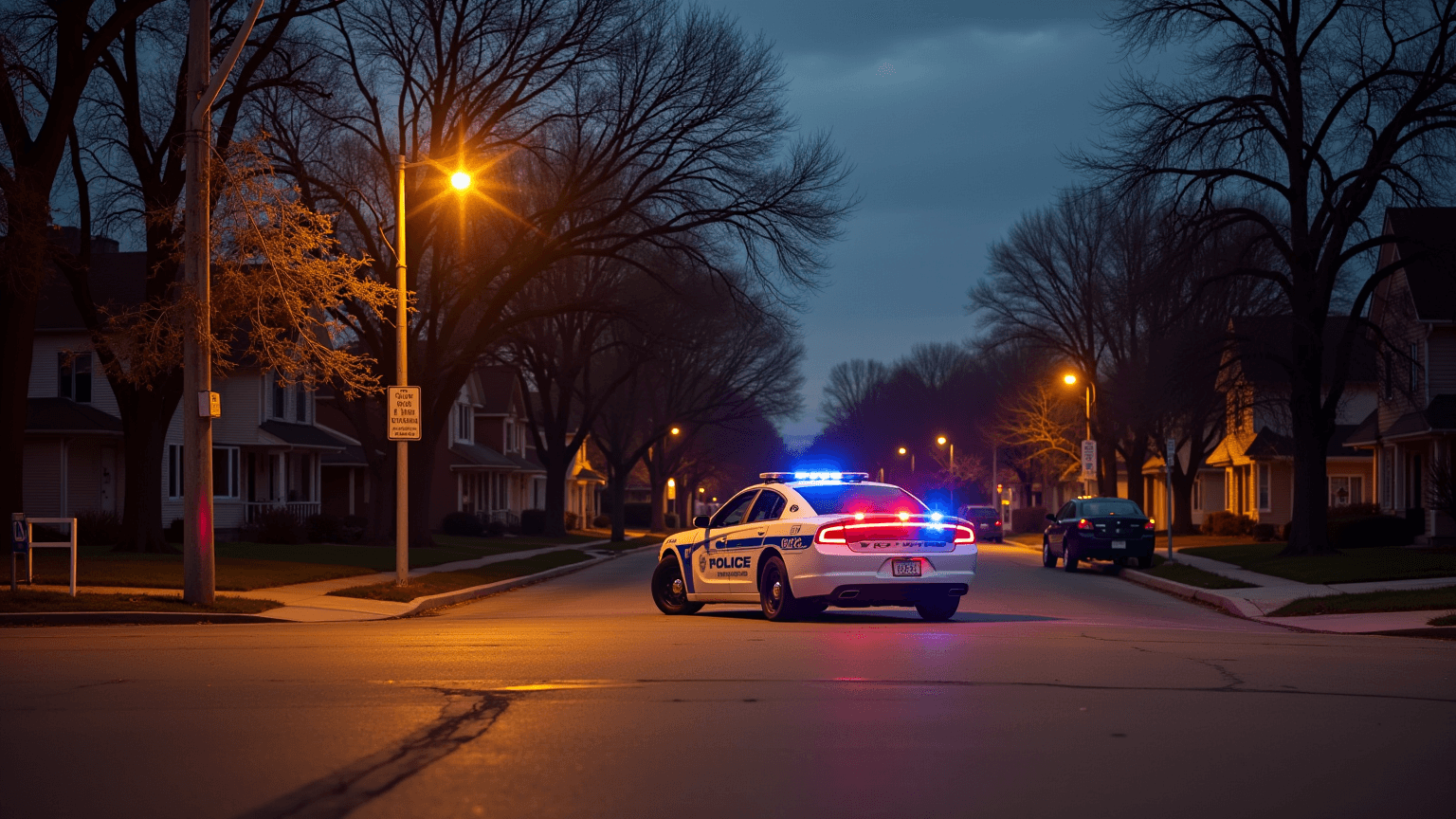 Minneapolis neighborhood corner in the evening with a patrol car (AI illustration)