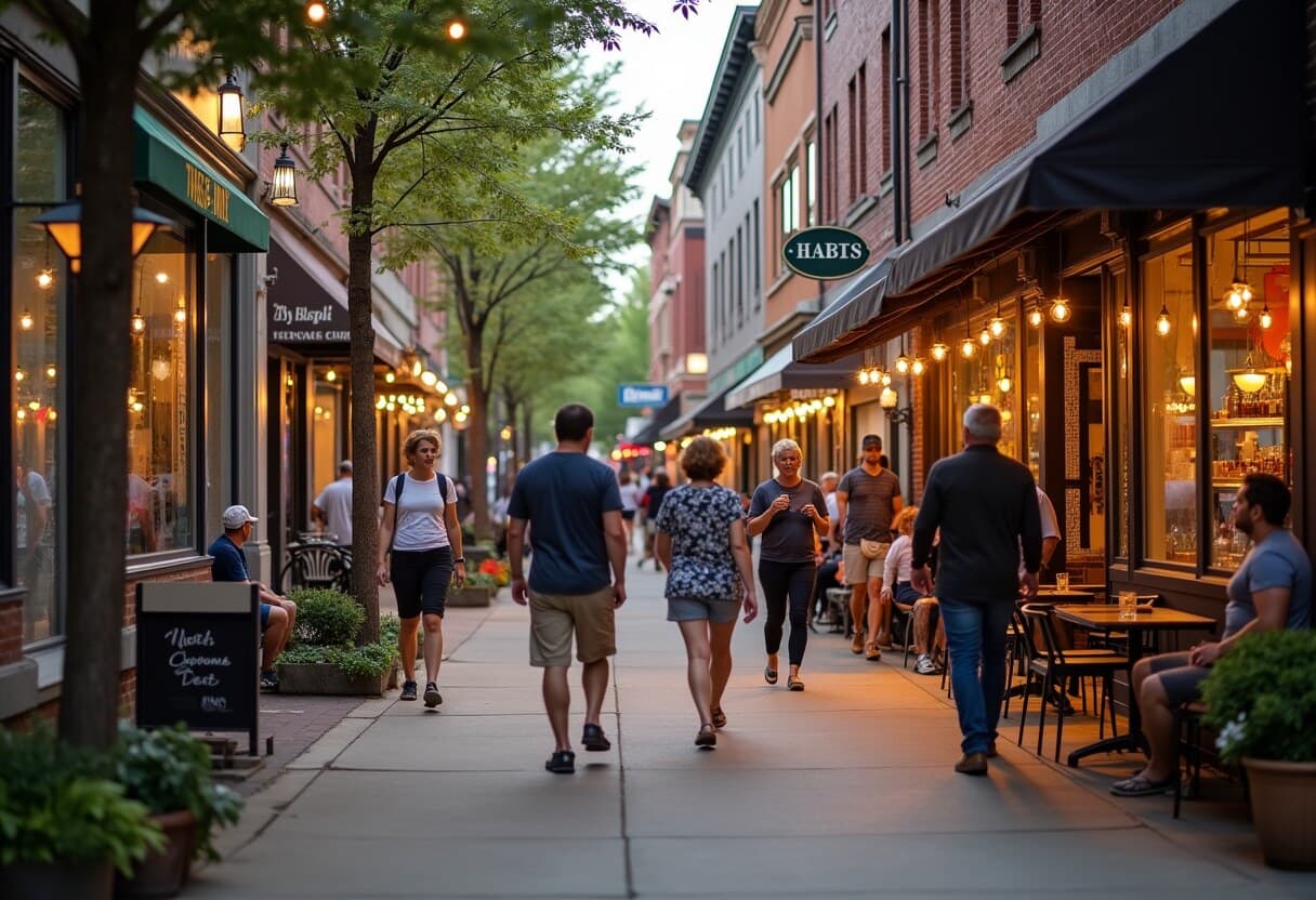 People strolling the Bryn Mawr business district past storefronts and a cafe at dusk
