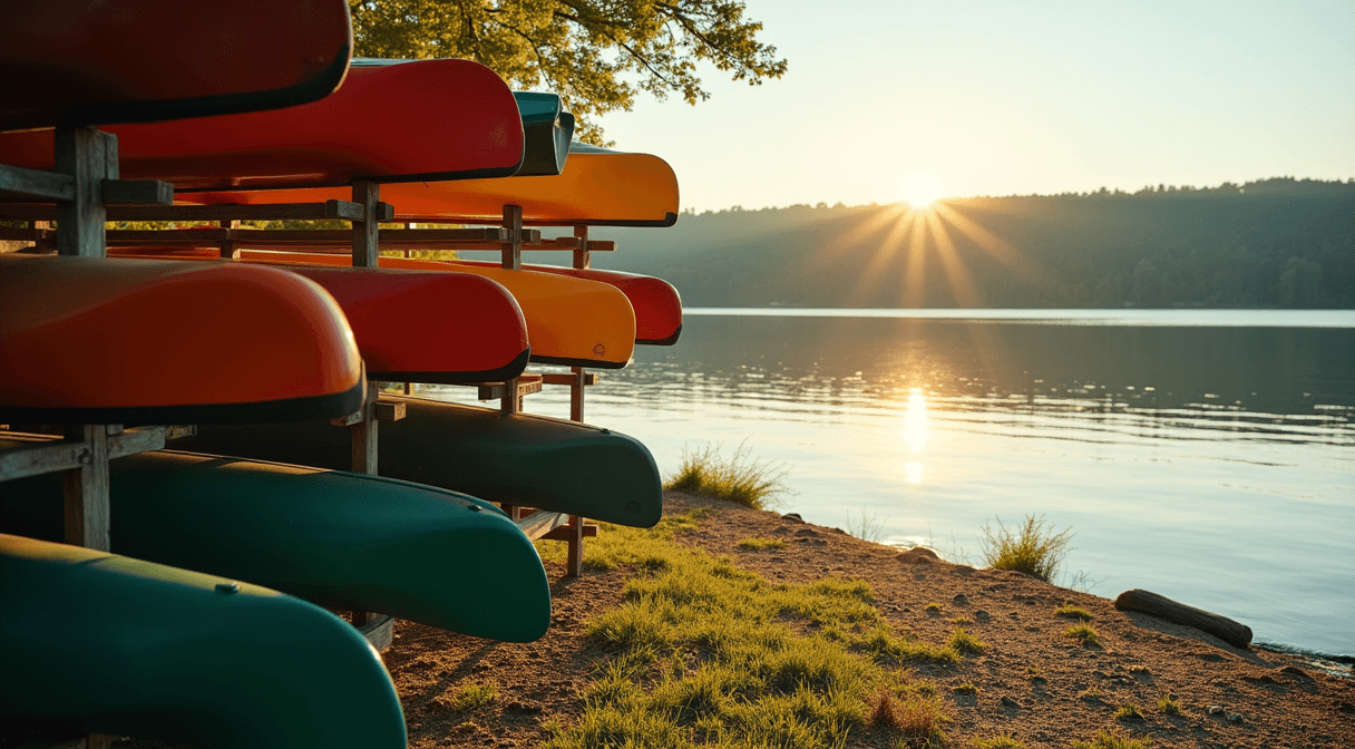 Canoes and kayaks stored on a lakeside rack ready for the season
