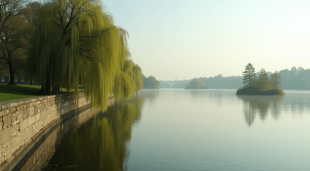 Willows and a stone shoreline along an urban lake with small islands