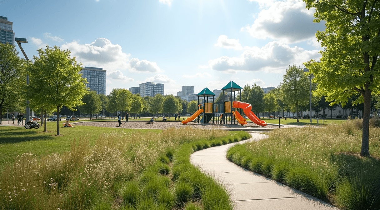 A redesigned park with new playground equipment and meadow plantings