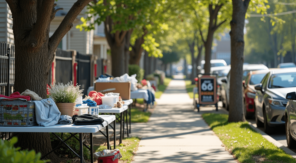 Tables of goods set out for a neighborhood garage sale on a spring day