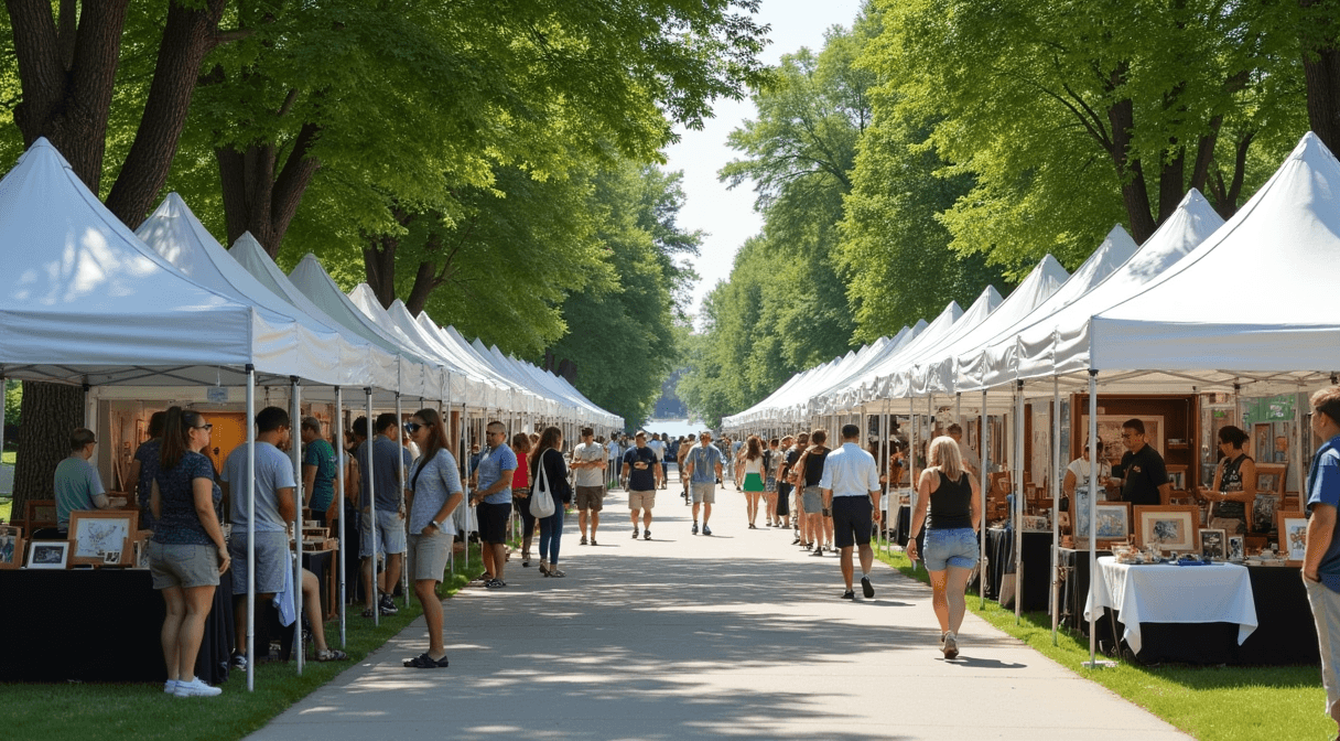 White tents of an outdoor art fair set up along a lakeside parkway