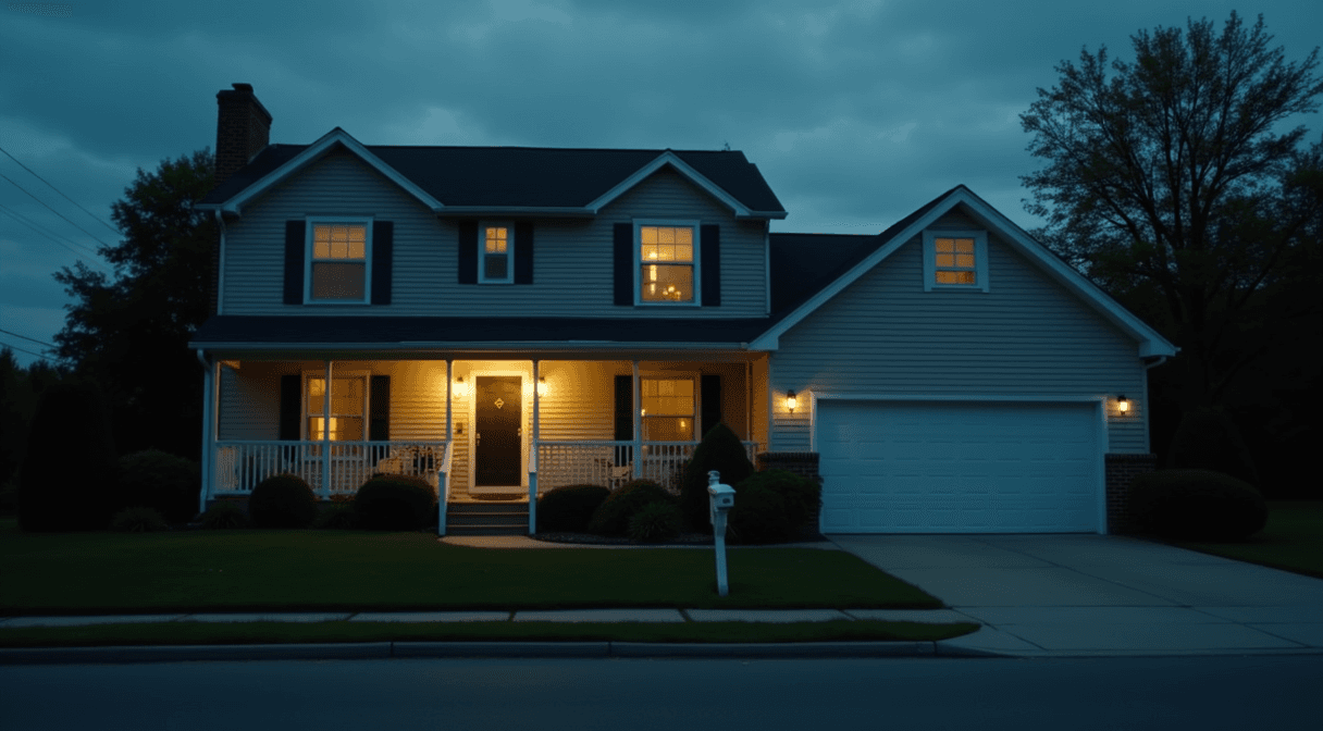A residential home exterior with a porch light in the evening