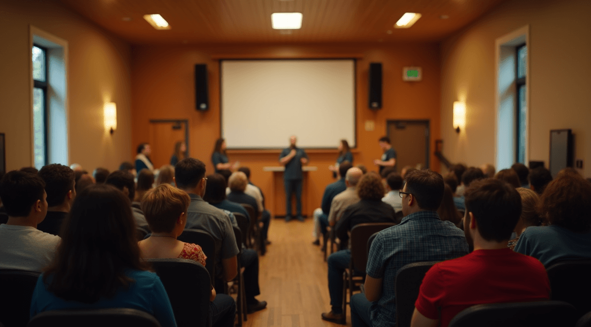 Neighbors gathered in a hall for a community awards ceremony