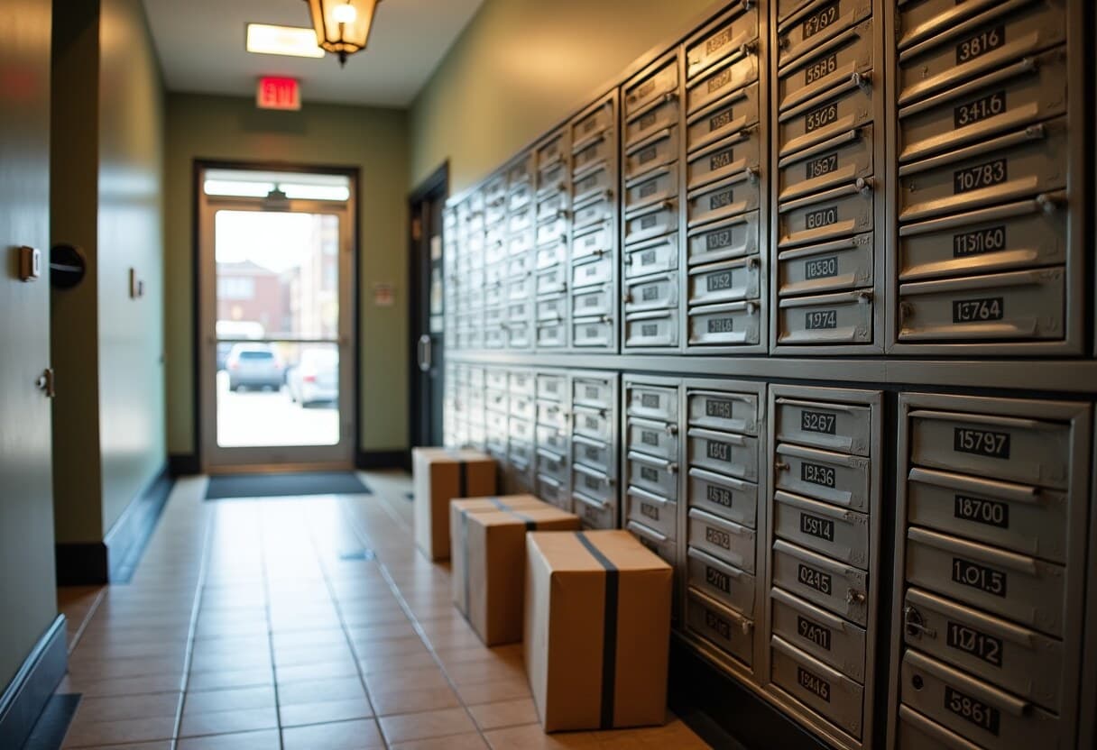 Mailboxes and delivery packages in a Minneapolis apartment building lobby