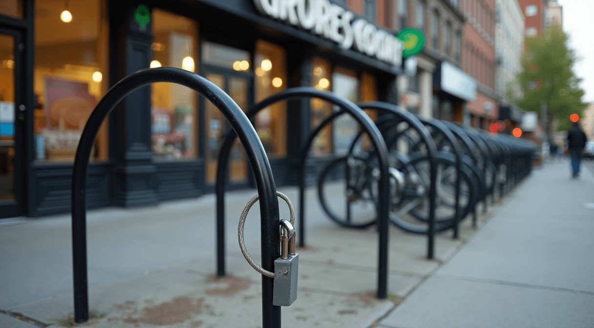 Crime and safety report illustration: Locked Bike Cut From Rack Outside East Isles Co-op