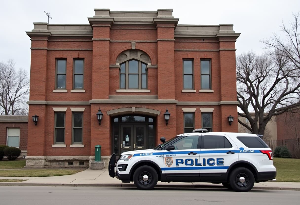 Minneapolis Police 5th Precinct station with a marked squad vehicle out front