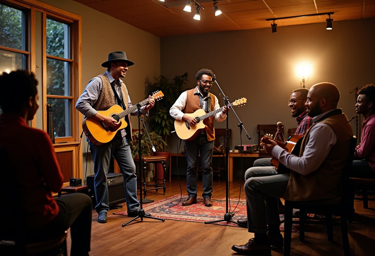 Musicians performing roots music at a community library event