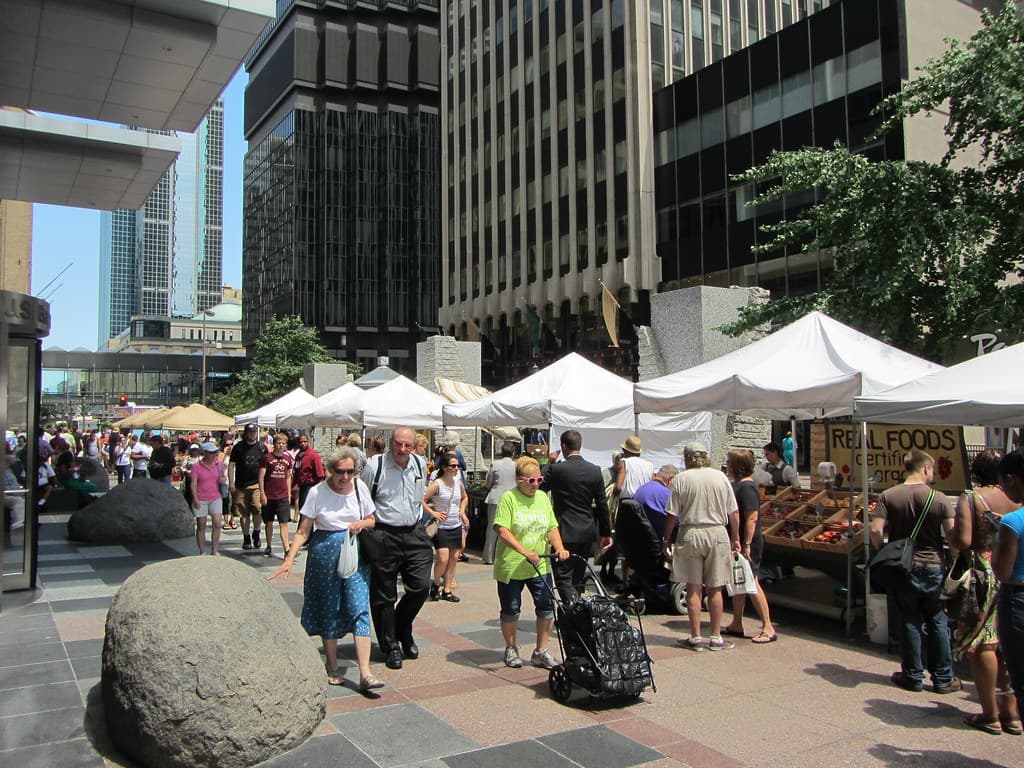 Produce stalls at a Minneapolis farmers market