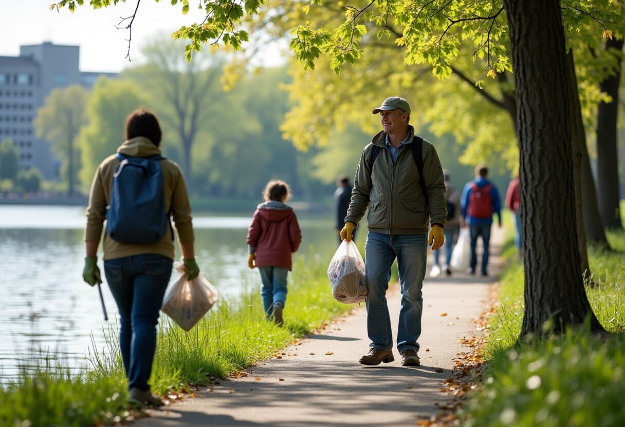 Volunteers picking up litter along a Minneapolis lakeside path