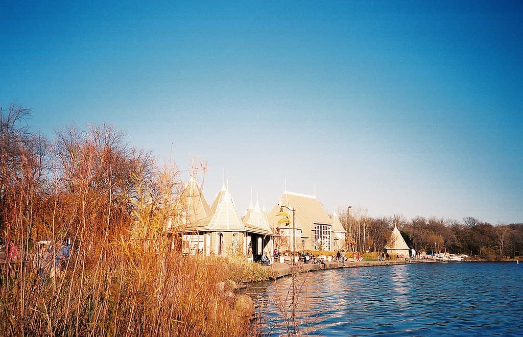 Lake Harriet in Minneapolis under autumn skies
