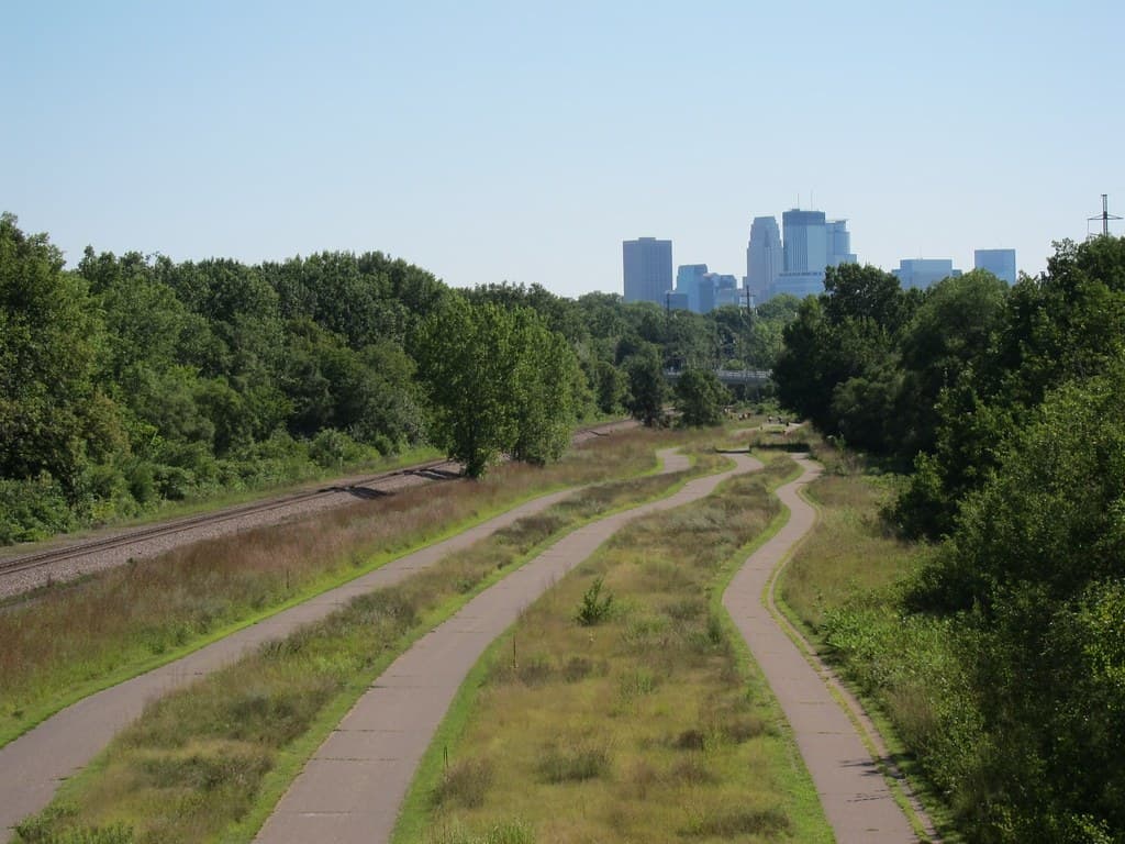 A bike trail leading into downtown Minneapolis