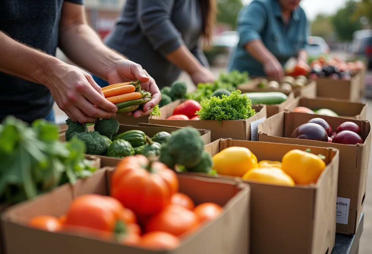 Volunteers sorting fresh produce into boxes at a neighborhood food share in Minneapolis