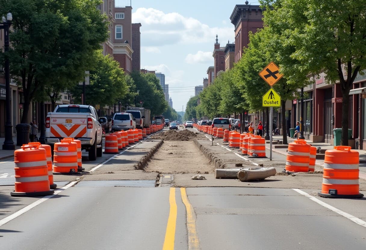 Road reconstruction with orange barrels along Hennepin Avenue in Minneapolis