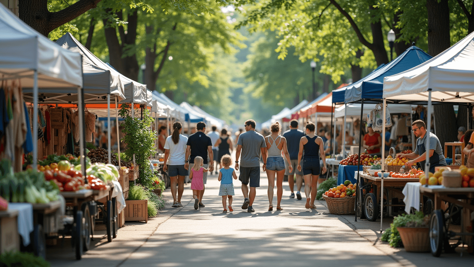 Outdoor neighborhood market with vendor tents (AI illustration)